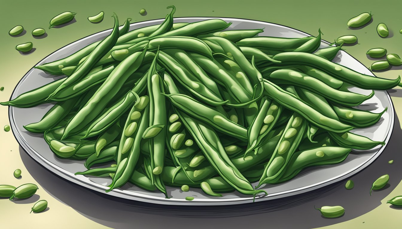 A plate overflowing with green beans, spilling onto the table