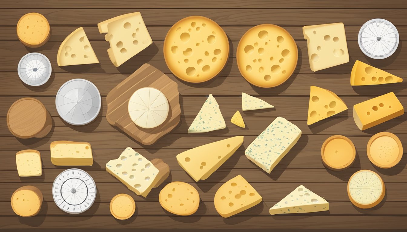 A variety of cheese wheels of different sizes and types arranged on a wooden table, with a measuring tape and a nutrition chart nearby