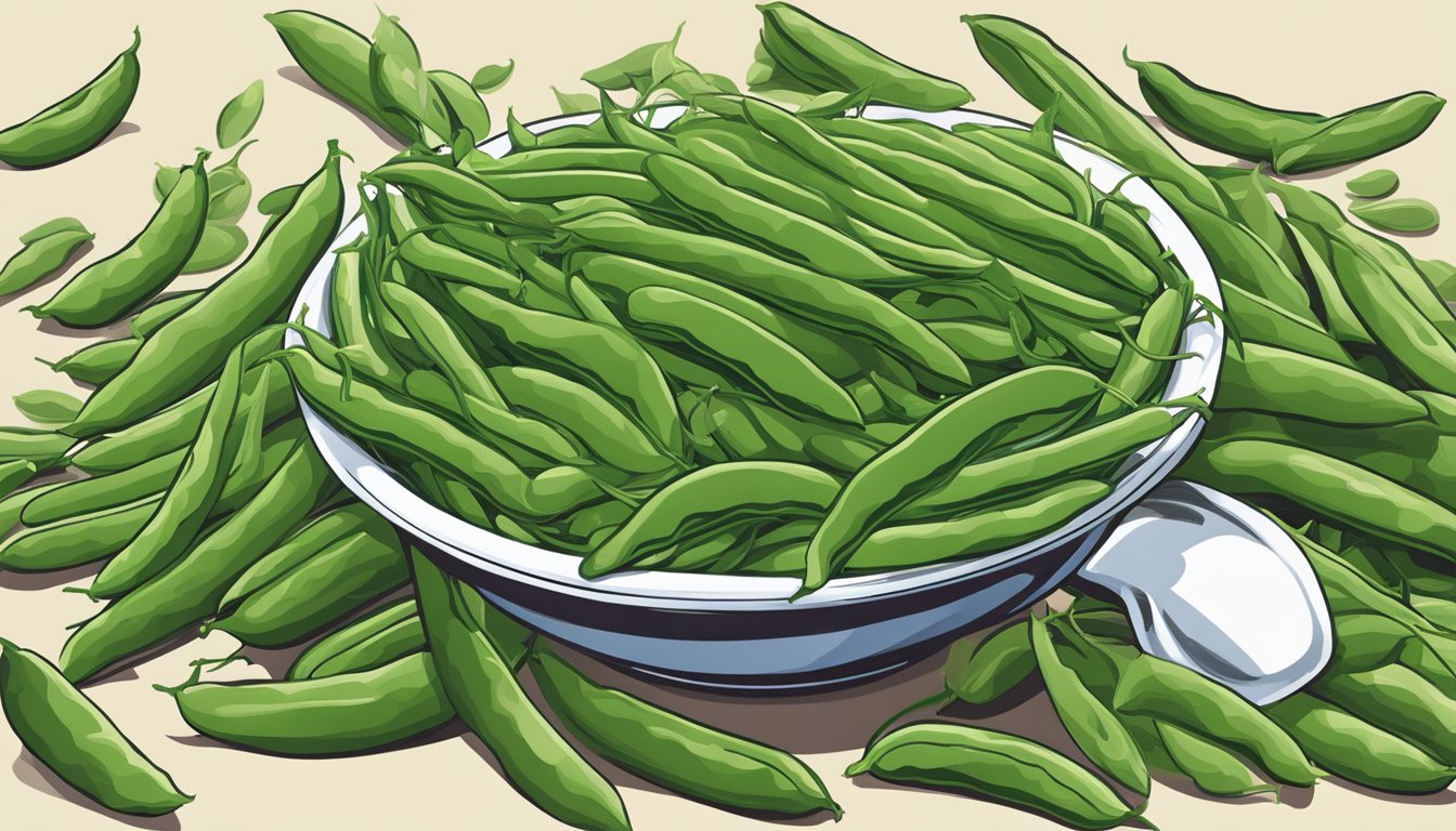 A towering pile of green beans spills out of a giant cup, overflowing onto the table below. A smaller cup sits nearby, filled to the brim with more beans