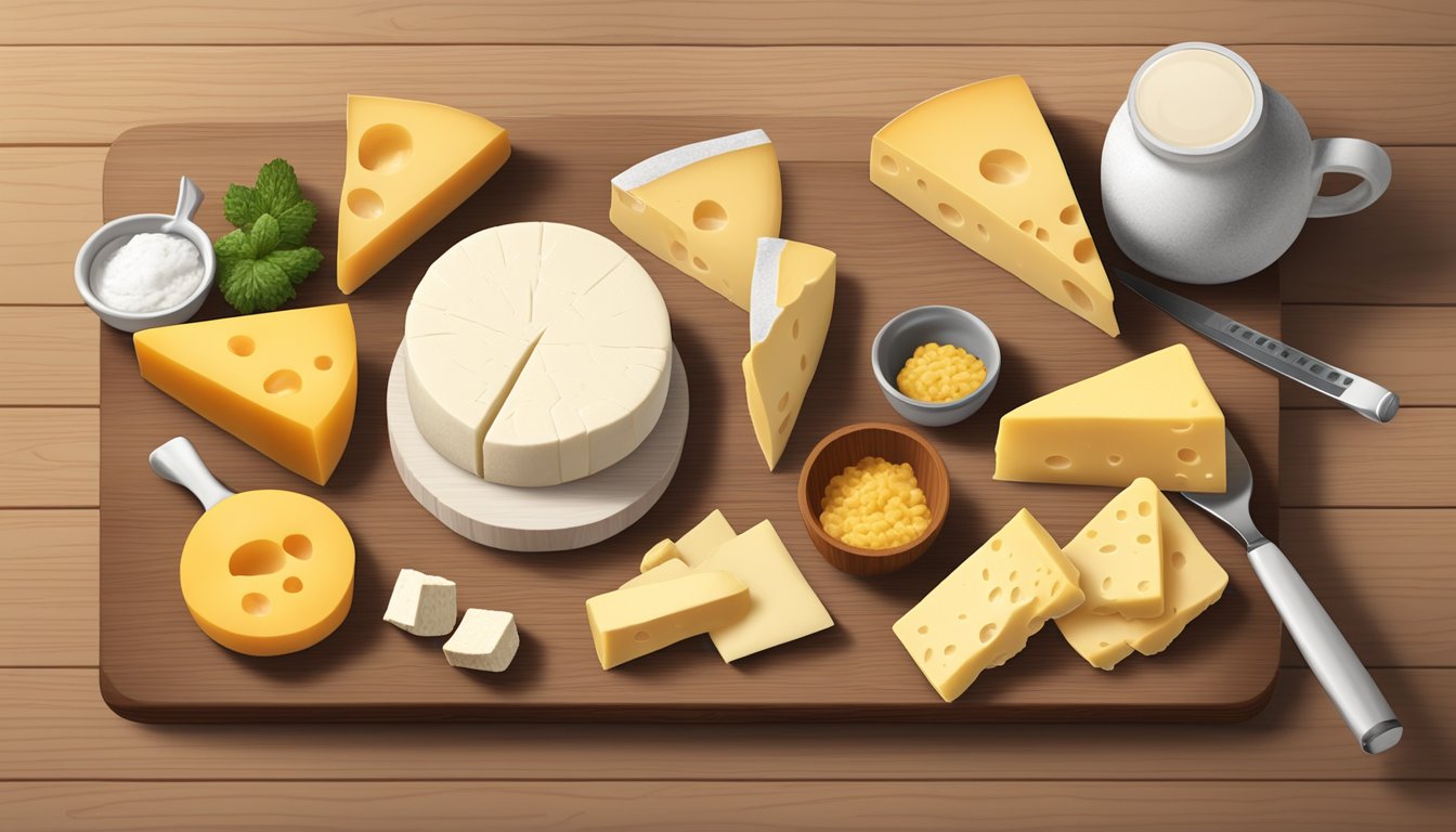 A variety of cheese types arranged on a wooden board with a measuring cup next to them, surrounded by dietary guidelines and a question mark