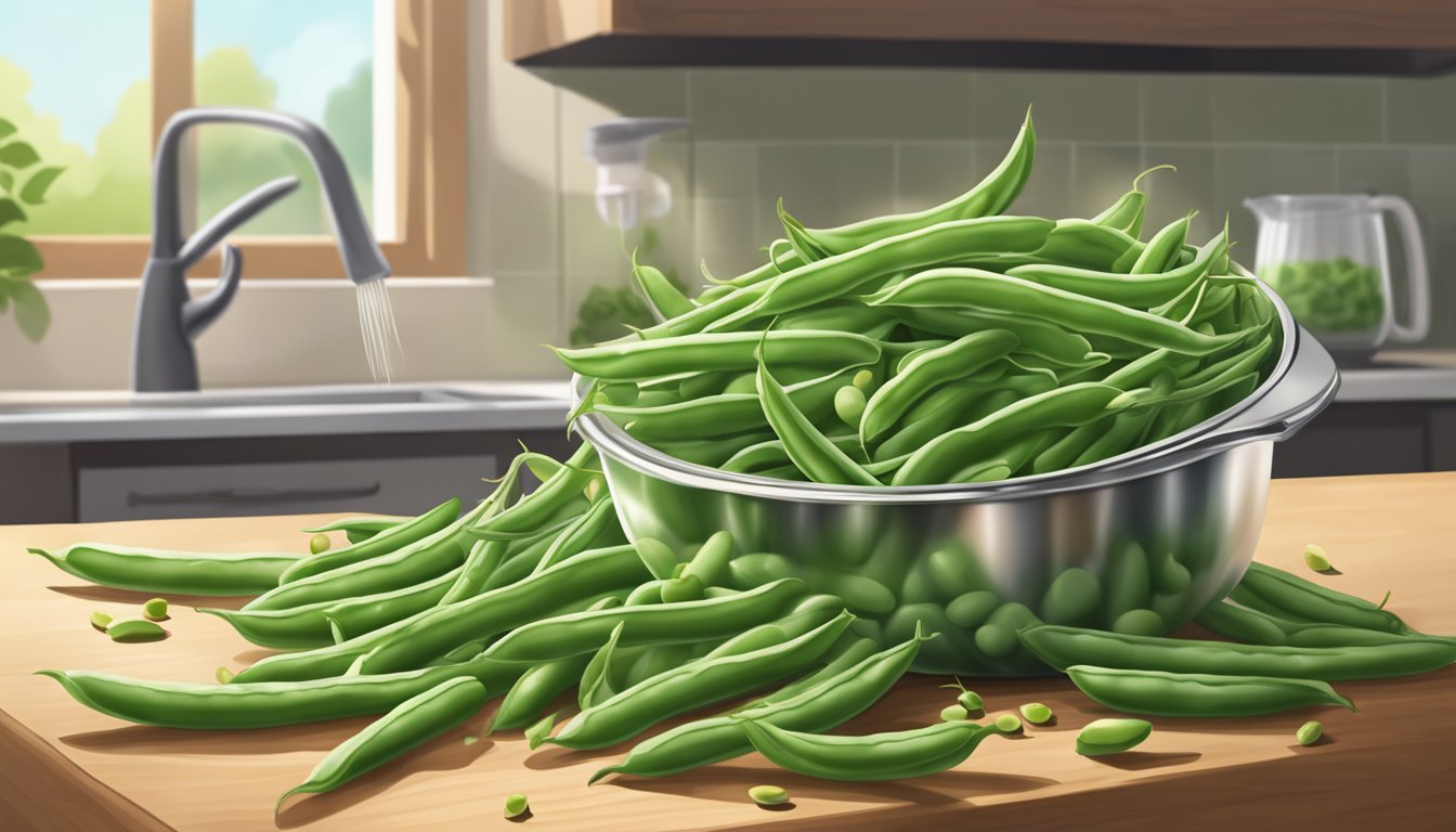 A pile of green beans overflowing from a measuring cup in a bright, airy kitchen