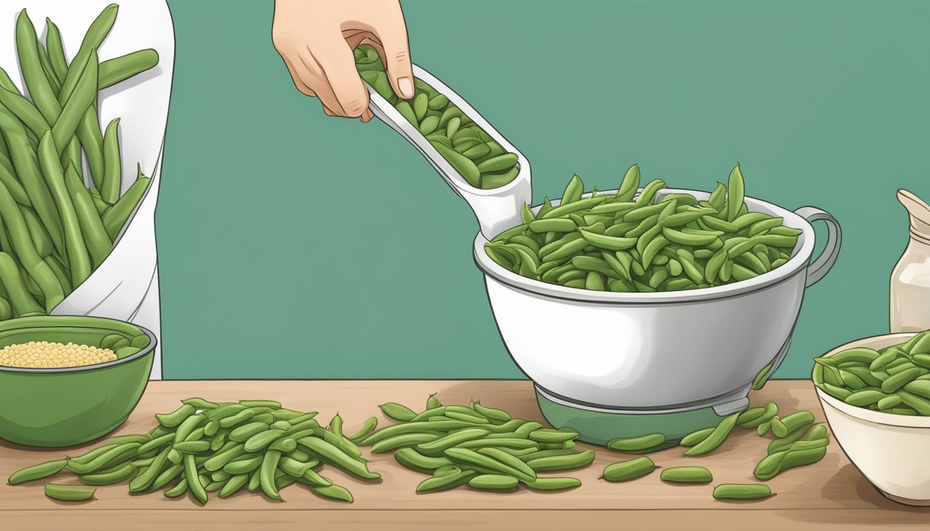 A person measuring piles of green beans with a measuring cup