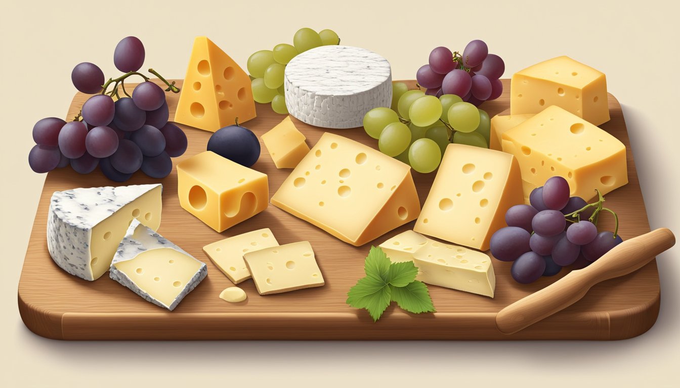 A variety of cheese types displayed on a wooden board with crackers and grapes, portioned out in recommended serving sizes