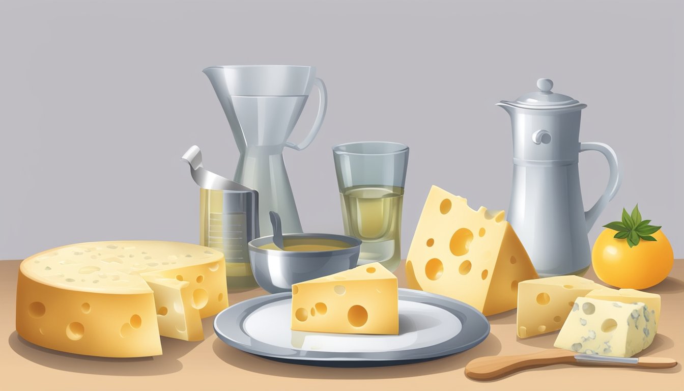 A table with various types of cheese, a plate with cheese slices, a measuring cup, and a question mark