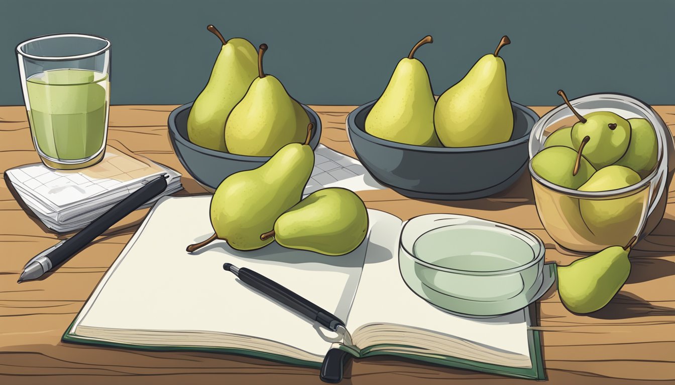 A table with a pile of pears, a measuring cup, and a journal for tracking daily intake