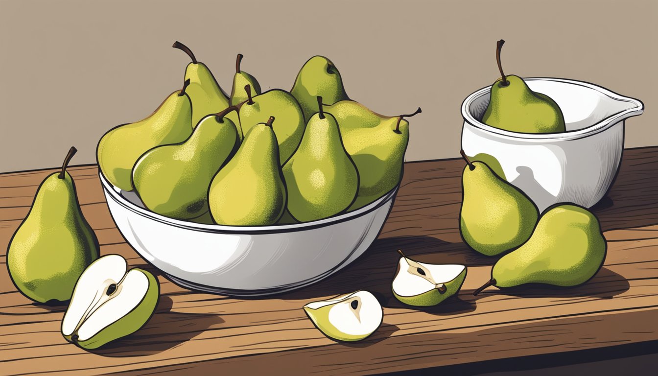 A bowl of ripe pears spilling out onto a wooden table, with a few pears rolling away. A measuring cup sits nearby, suggesting portion control