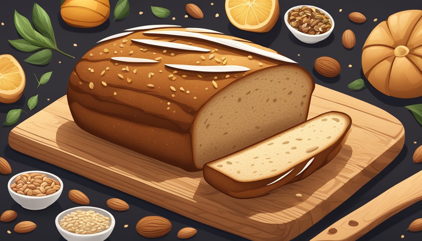 A loaf of bread with slices stacked on a wooden cutting board, surrounded by various ingredients like grains, seeds, and nuts