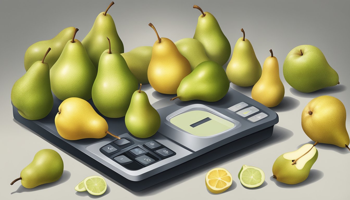 A person surrounded by a variety of pears, some whole and some sliced, with a scale in the background