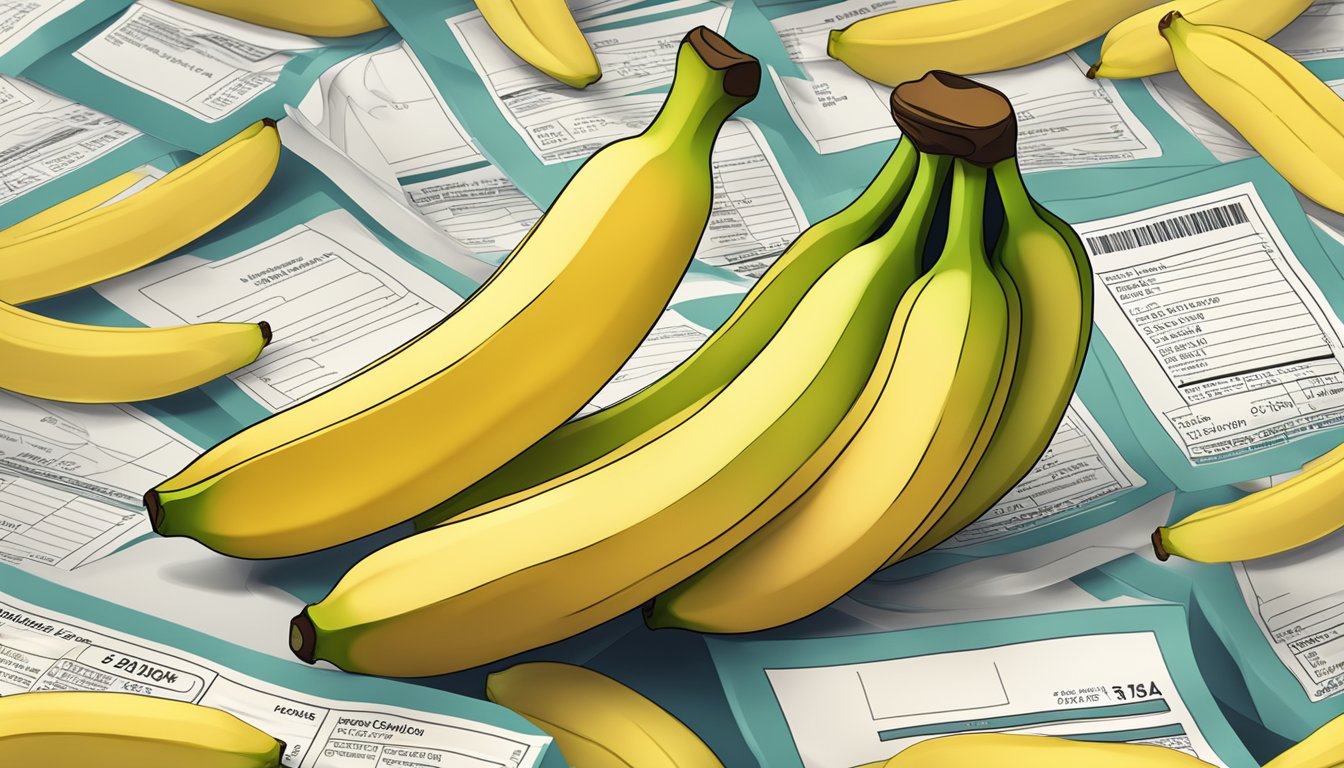 A pile of bananas with a nutrition label in the background