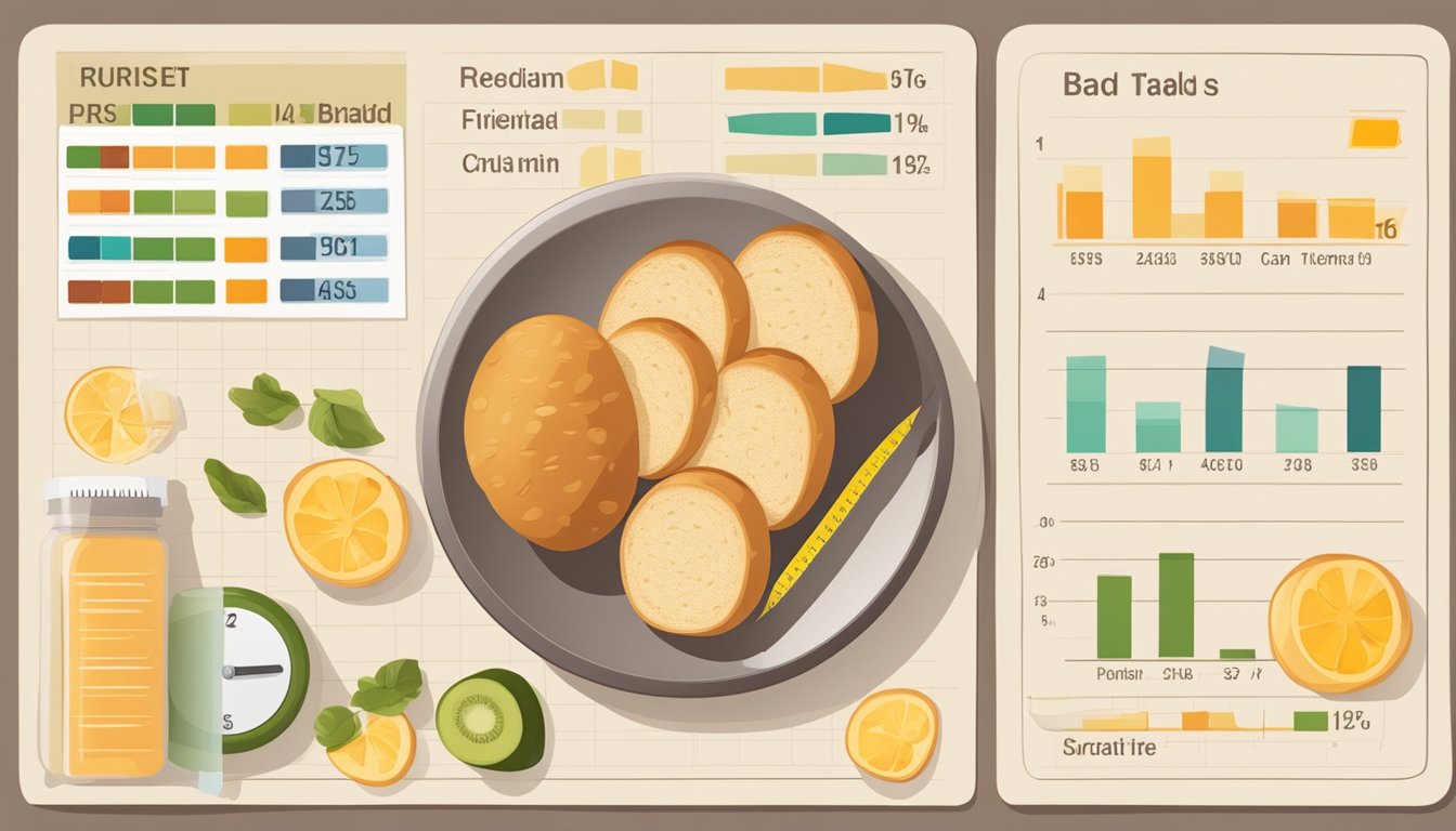 A table with a variety of bread slices, a measuring tape, and a nutrition chart