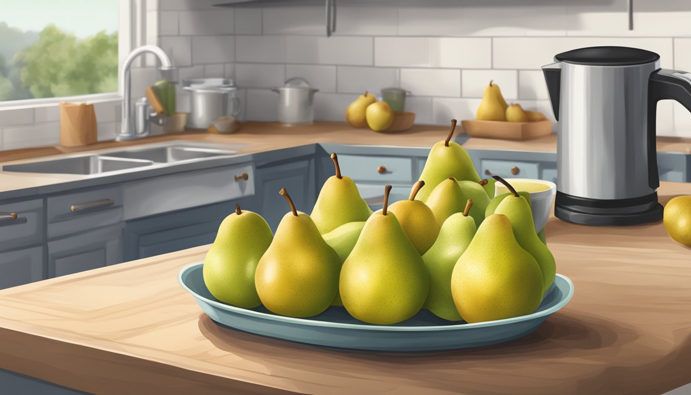 A pile of pears stacked on a kitchen counter, with a measuring cup nearby