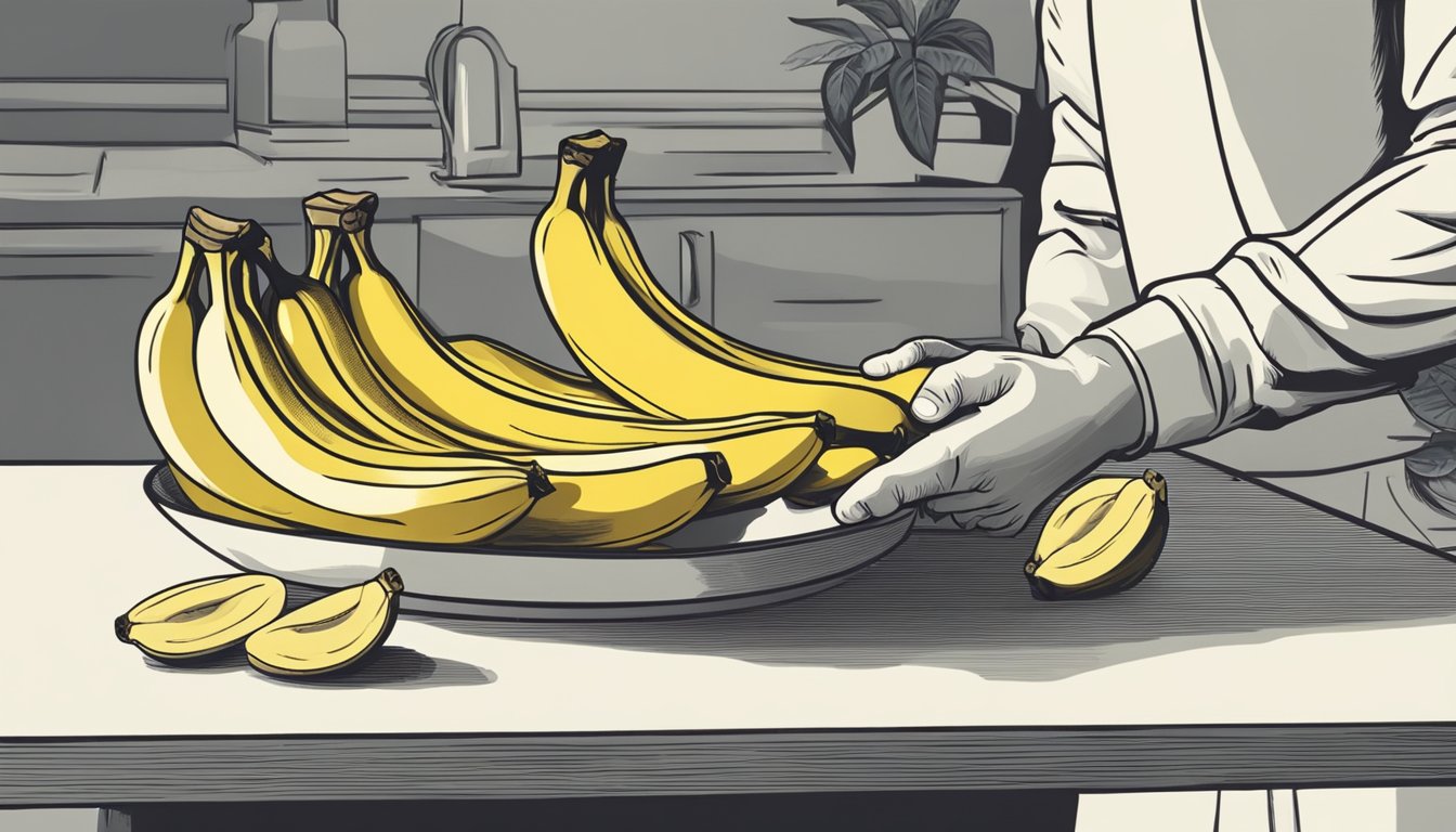 A table with a bunch of bananas on it, with one banana partially peeled. A person's hand reaching for another banana