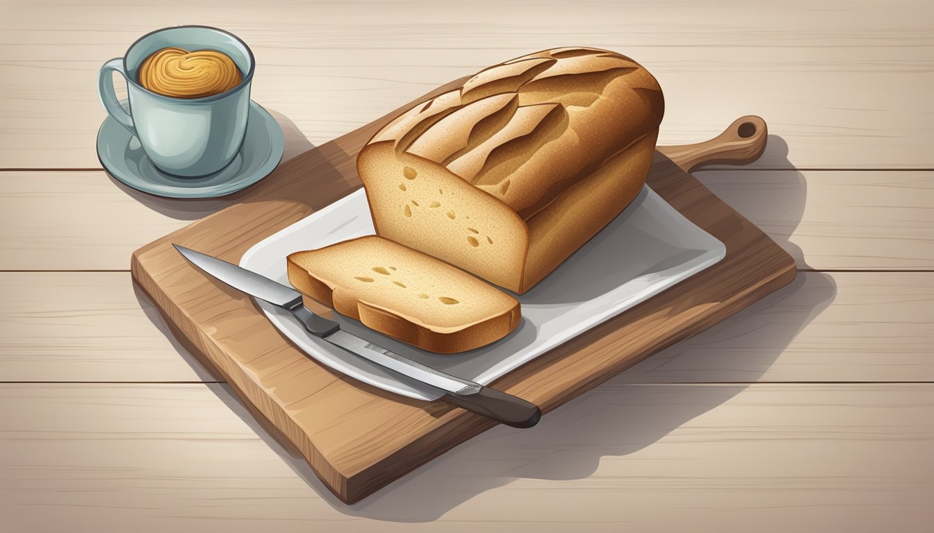 A table with a loaf of bread, a knife, and a plate. Two slices of bread are neatly cut and placed on the plate