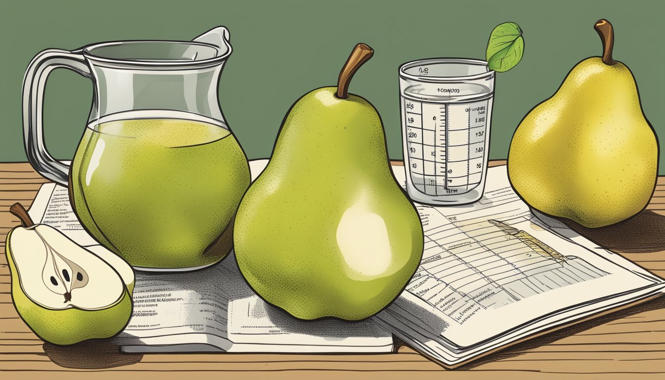 A table with a variety of pears, a measuring cup, and a nutrition guide open to the page on pear consumption