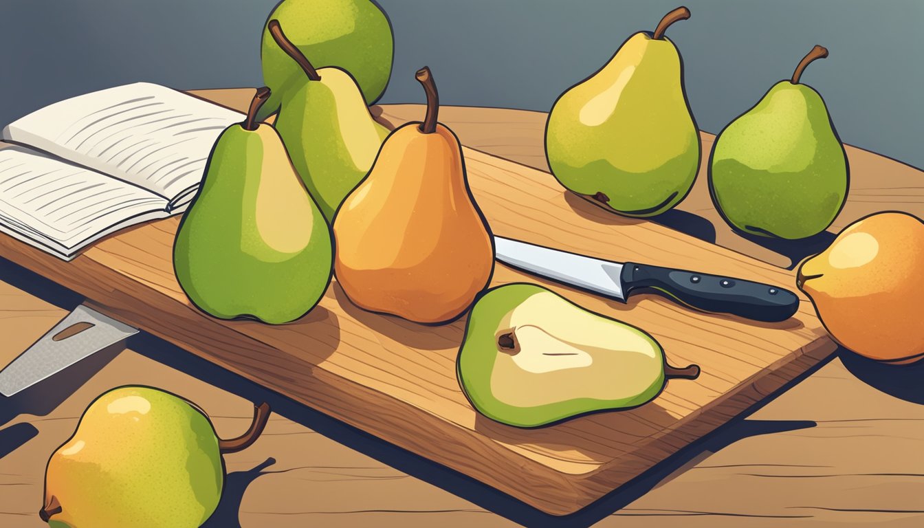 A colorful array of ripe pears arranged on a wooden cutting board, with a knife nearby. An open recipe book sits next to a bowl of sliced pears