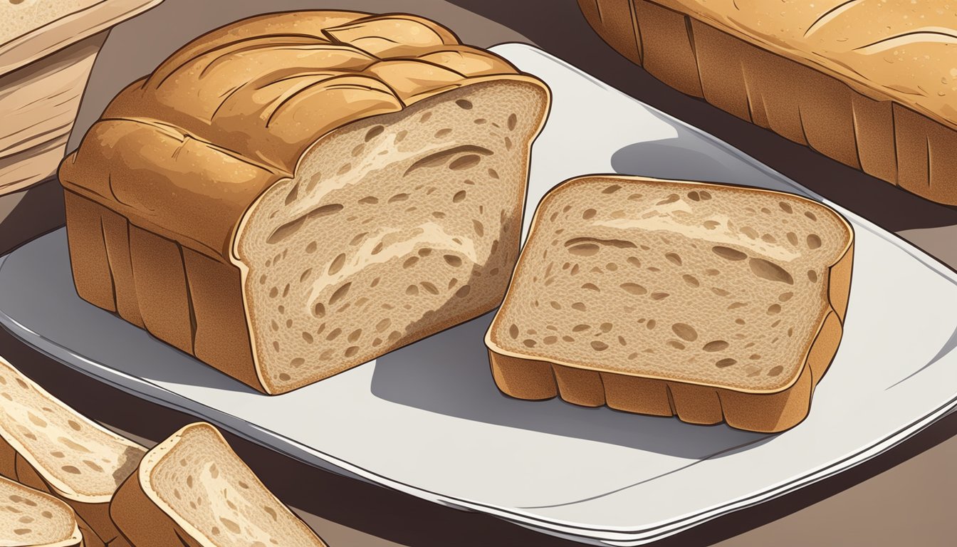 A loaf of bread with multiple slices stacked on a plate, with a few slices already missing