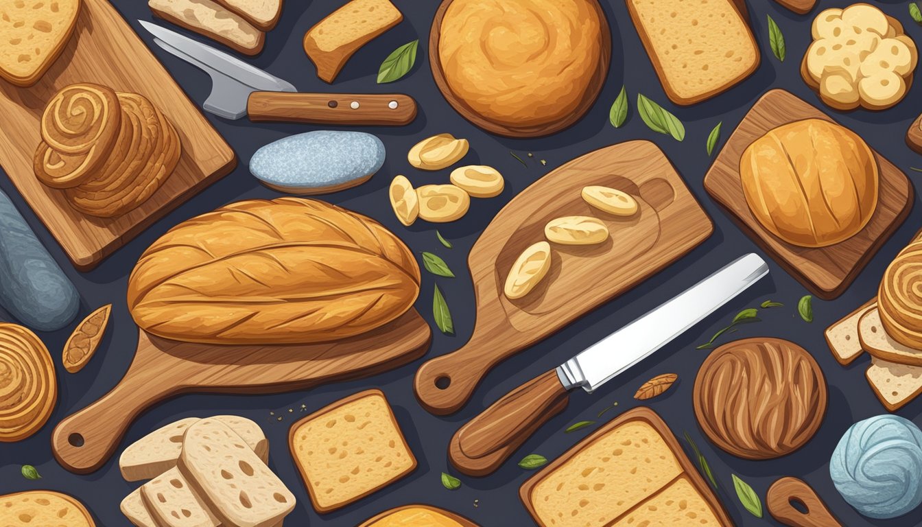 A colorful array of various types of bread stacked on a wooden cutting board, with a knife beside them