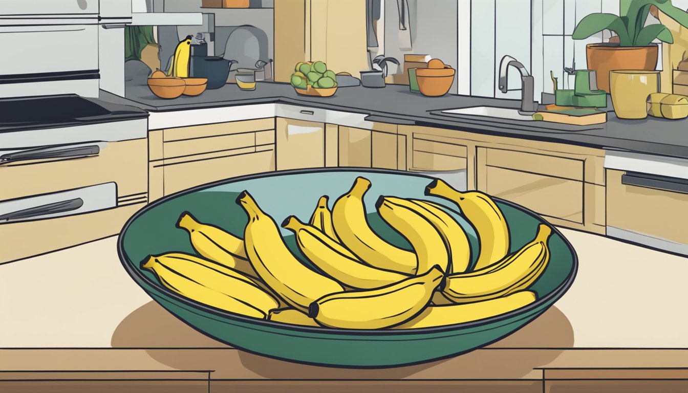 A bowl of bananas sits on a kitchen counter, with a few bananas spilling out onto the table. A person is reaching for one, suggesting the idea of incorporating bananas into their diet