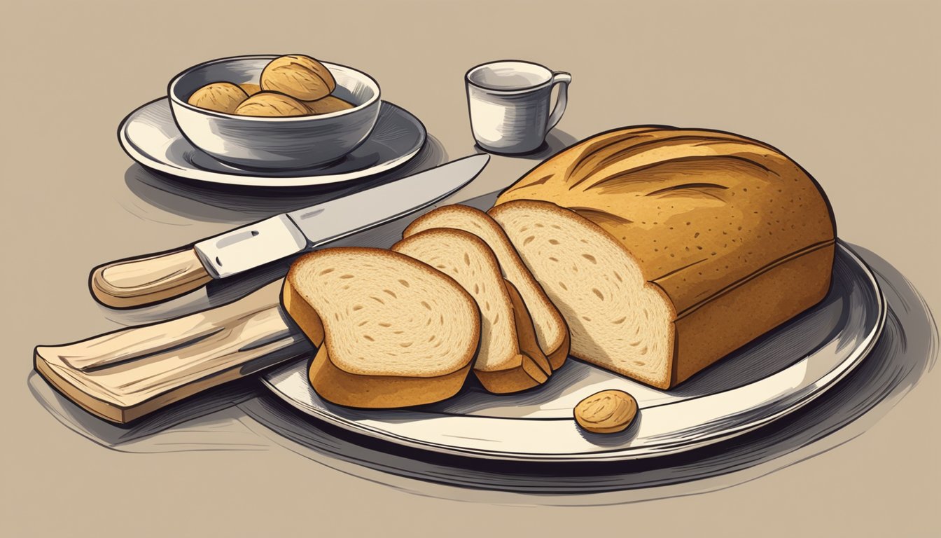 A table with a loaf of bread, knife, and plate. Two slices are cut and one is placed on the plate