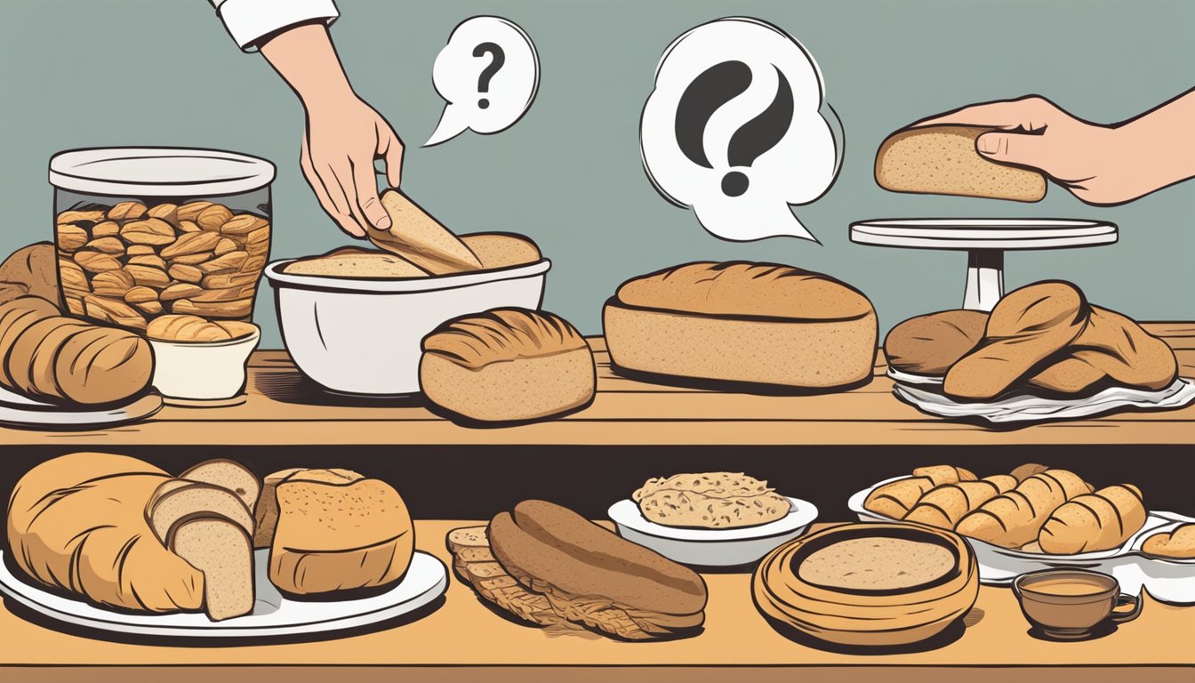 A table with various types of bread, a nutritionist's hand gesturing caution, and a thought bubble with a question mark