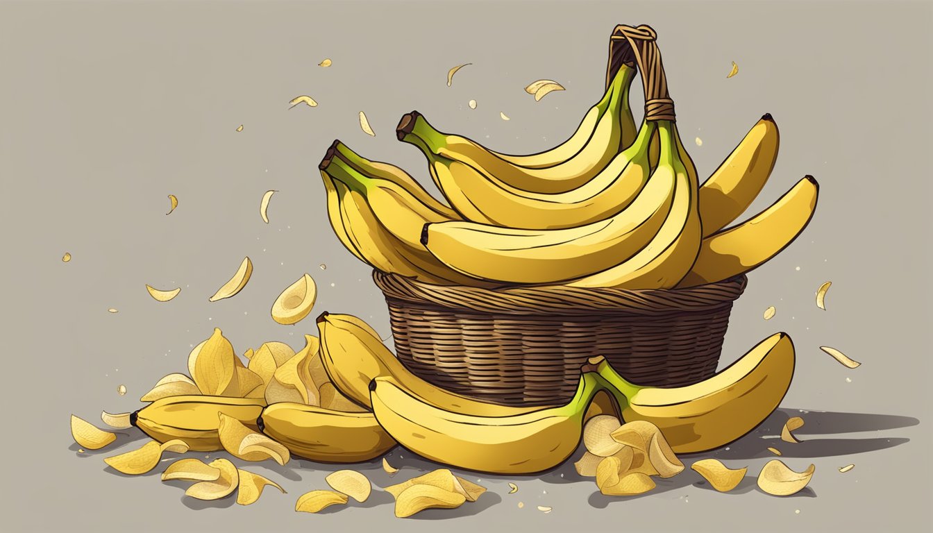 A pile of bananas spilling out of a basket, some partially eaten, surrounded by discarded peels