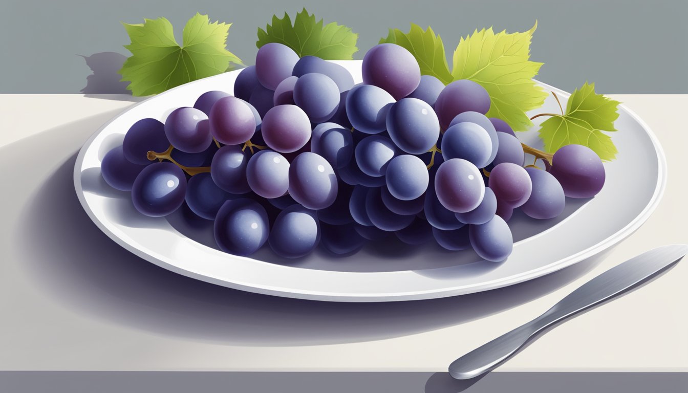 A cluster of grapes on a white plate, with a measuring cup next to it