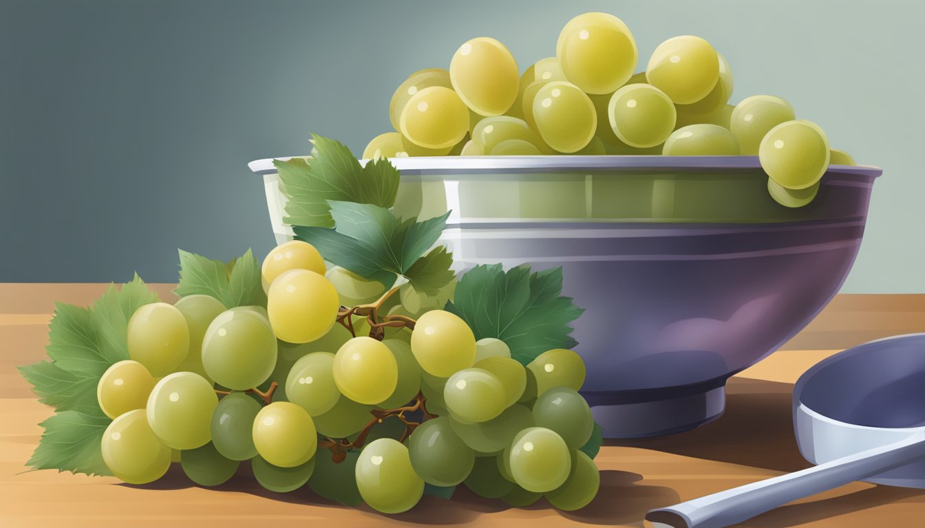 A pile of grapes spilling out of a bowl, with a measuring cup nearby