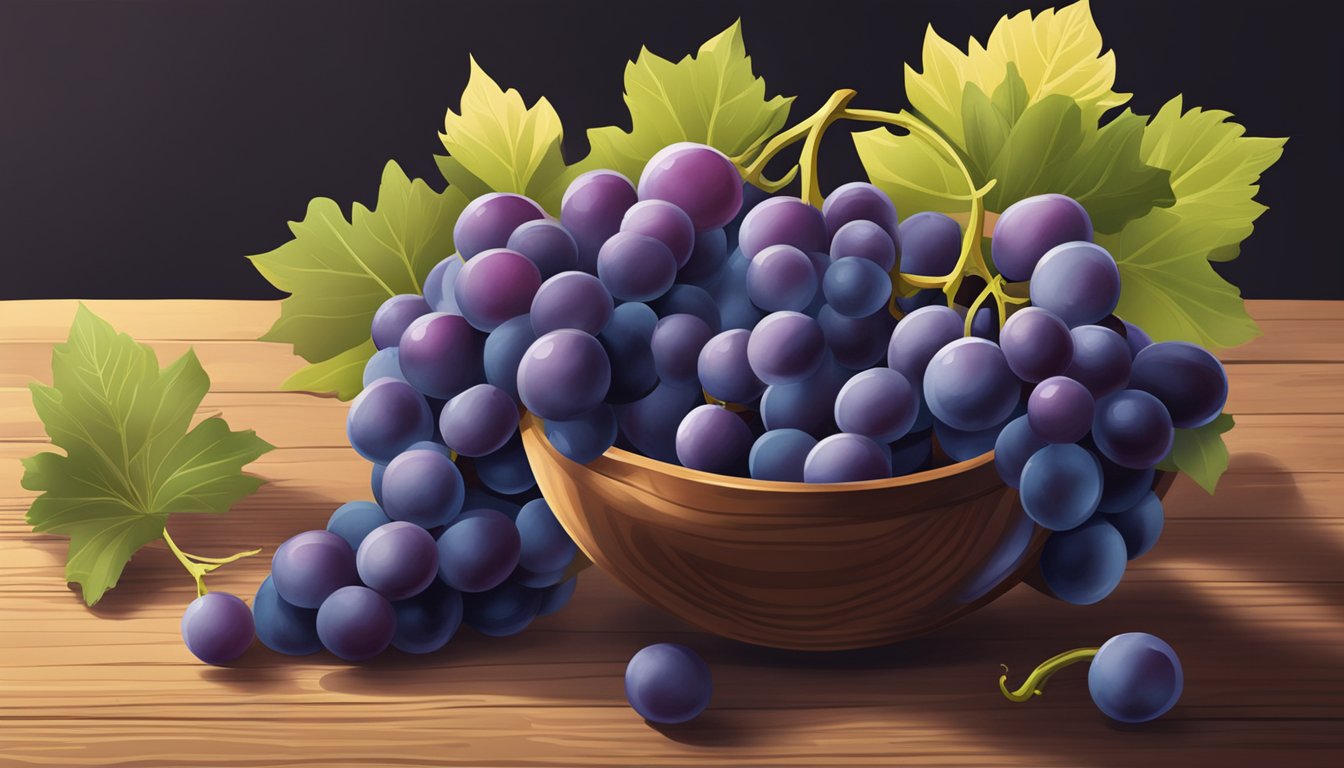 A bowl of grapes spilling onto a wooden table, with a few rolling off the edge