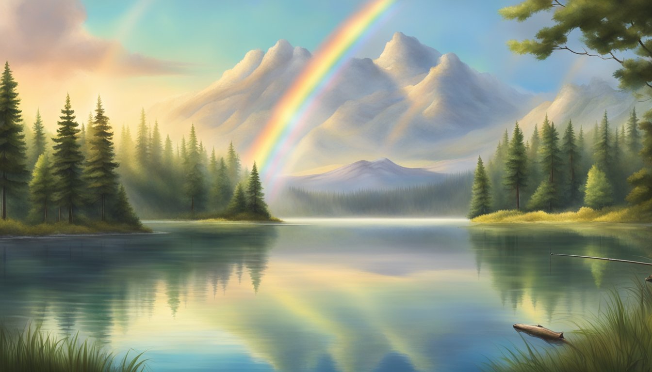 A serene lake surrounded by lush forests, with a fishing rod casting out into the calm waters, waiting for a bite from a rainbow trout or a chinook salmon