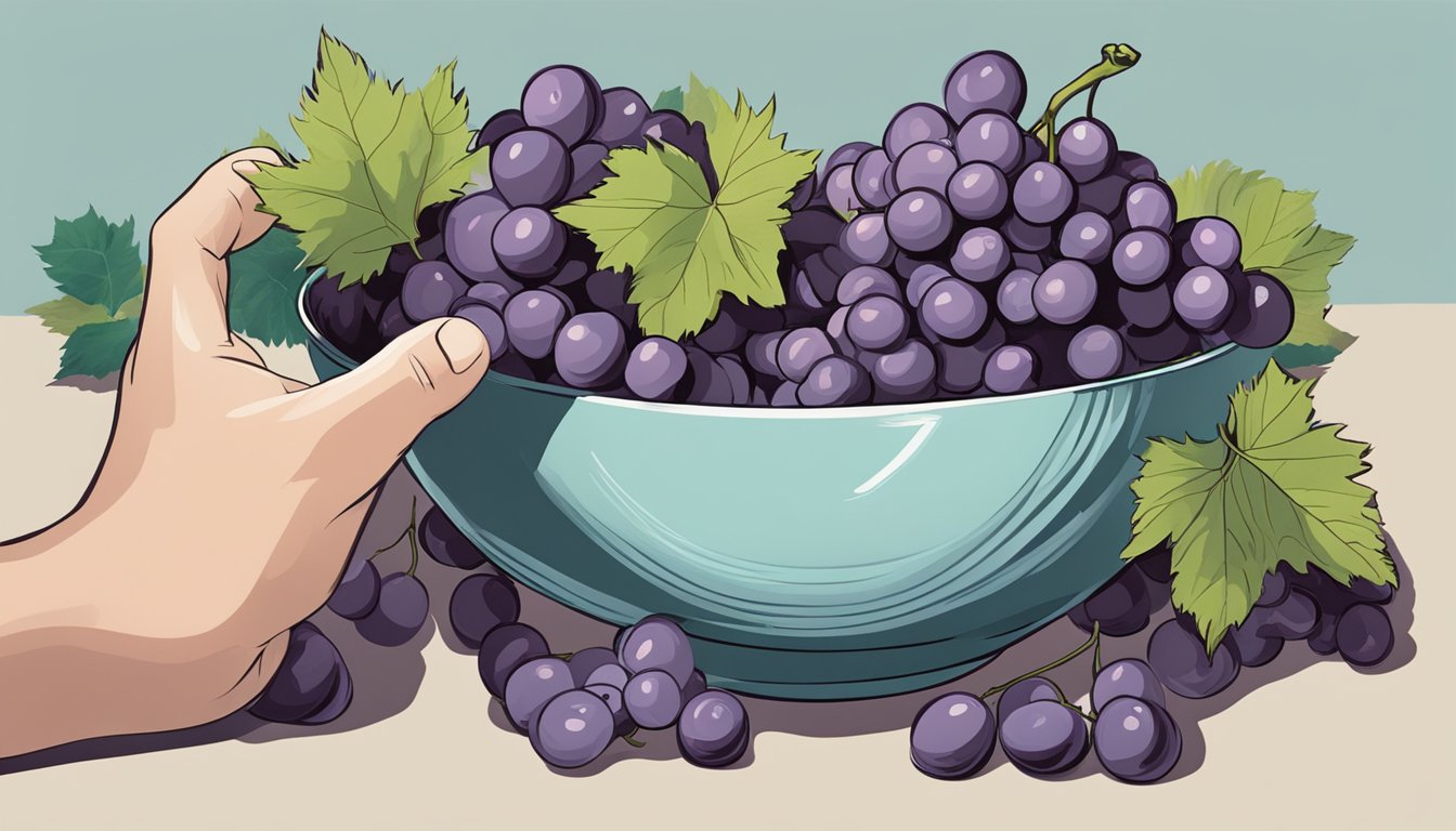 A cluster of grapes overflowing from a bowl, with a hand reaching for more