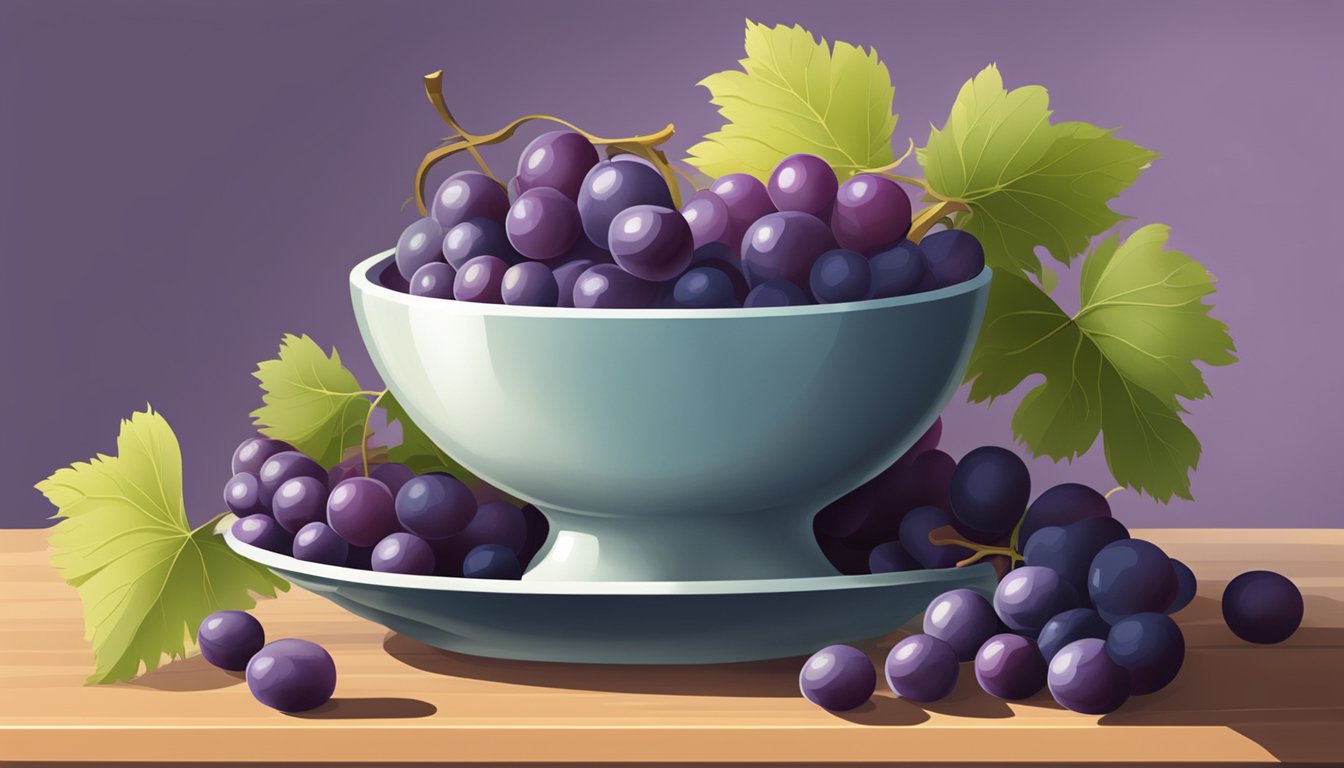 A bunch of grapes overflowing from a bowl, with a few grapes rolling onto the table