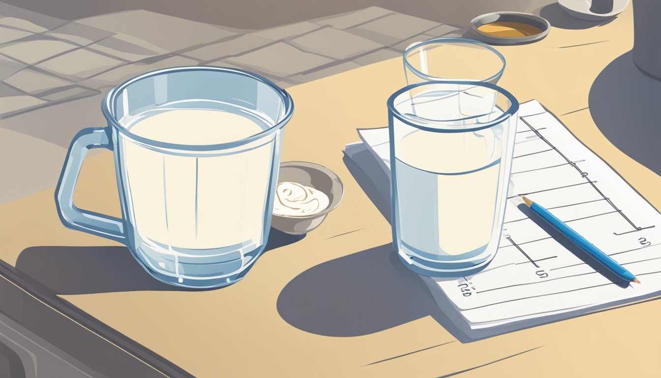 A kitchen table with a glass of milk, a measuring cup, and a chart showing recommended daily milk consumption