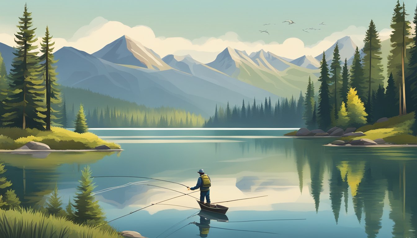 A serene lake with a fisherman casting a line, surrounded by trees and mountains in Washington. Various fishing gear and techniques are depicted