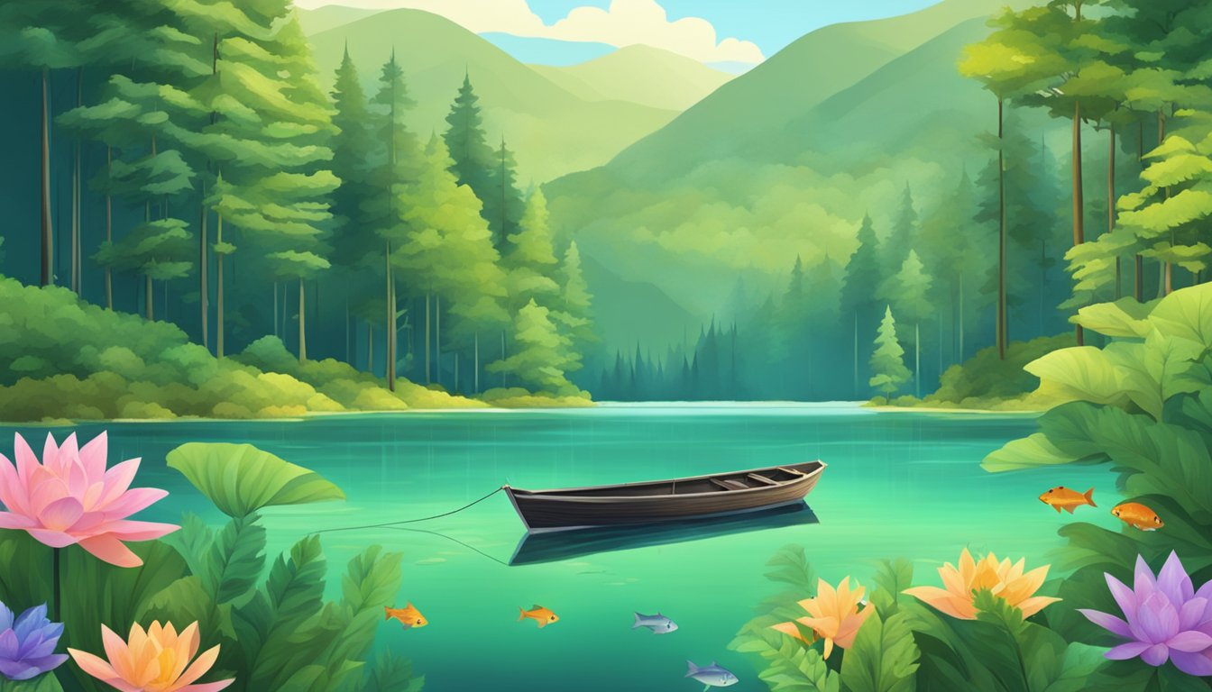 A serene lake surrounded by lush forests, with a fishing boat and a variety of fish swimming in the clear water