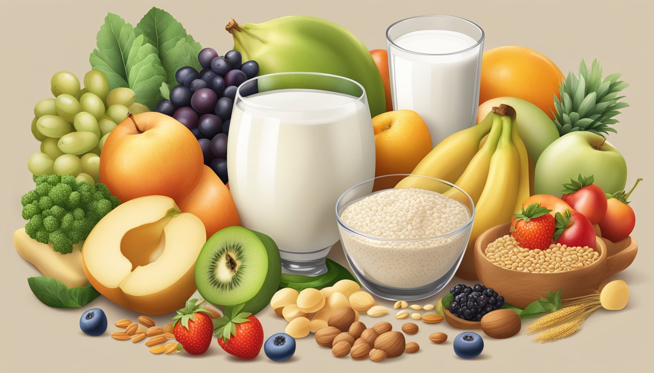 A table with a variety of food groups, including a glass of milk, surrounded by fruits, vegetables, grains, and protein sources