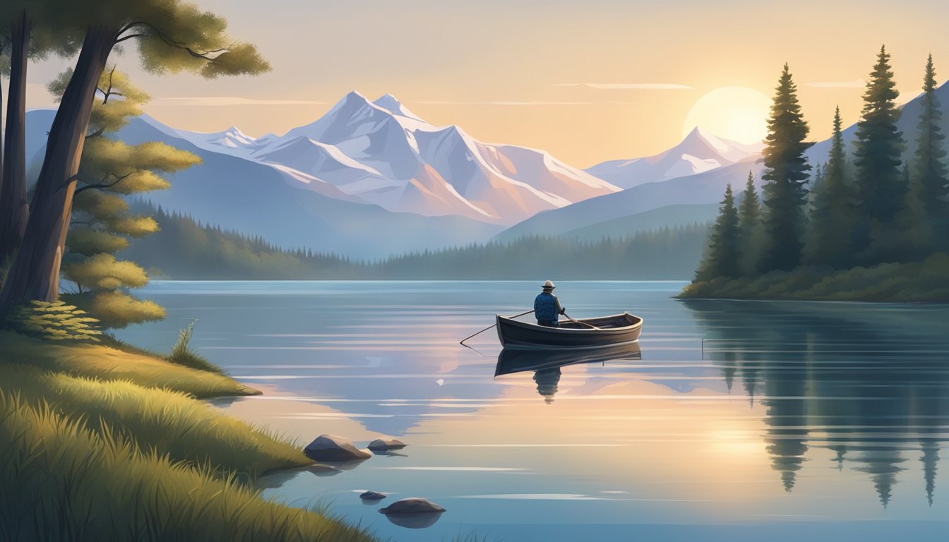 A serene lake at dawn, surrounded by lush forests and snow-capped mountains. A fisherman's boat drifts on the calm water, a fishing rod in hand