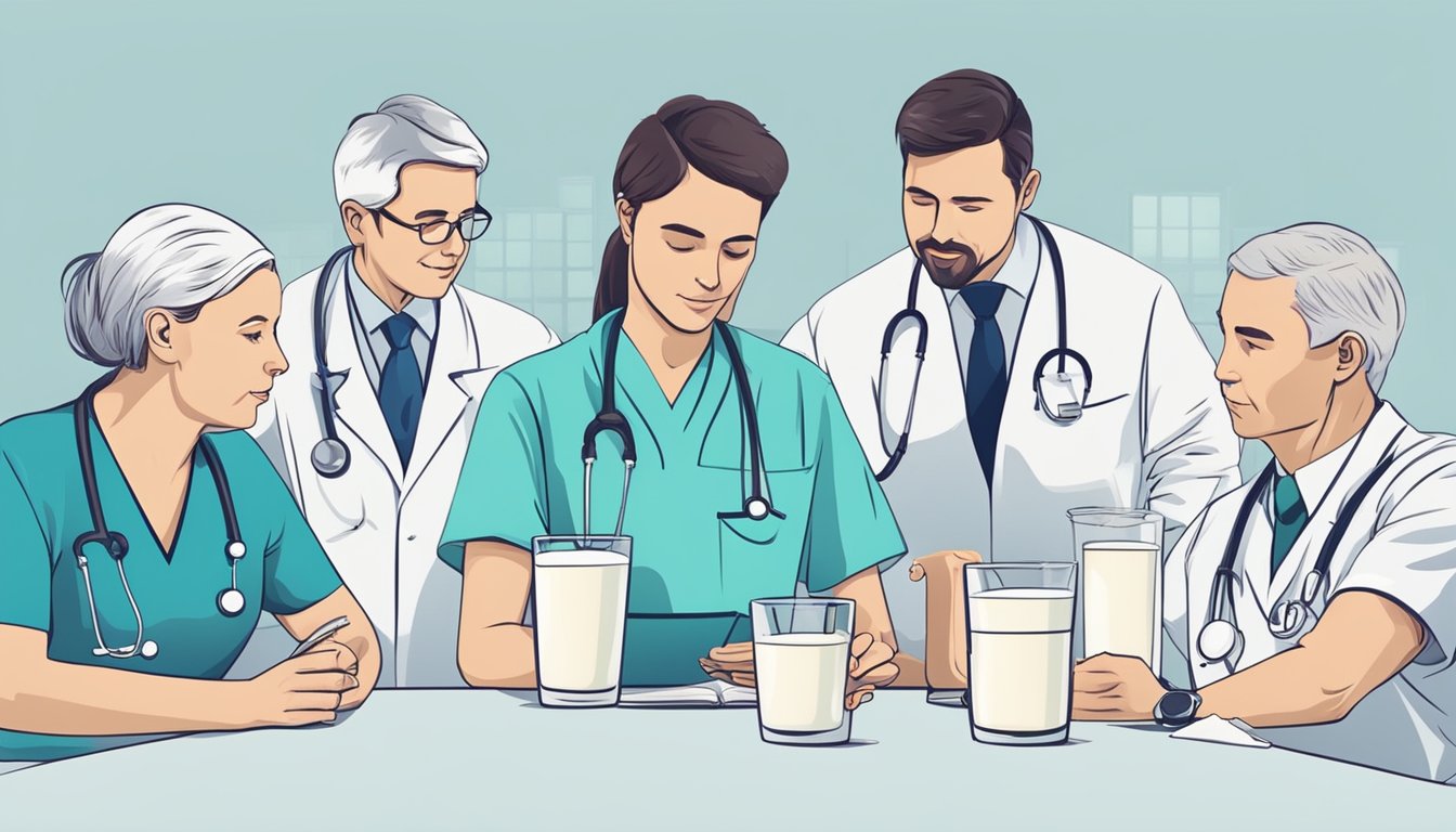 A group of healthcare professionals discussing milk consumption, with cups of milk and a chart on the table