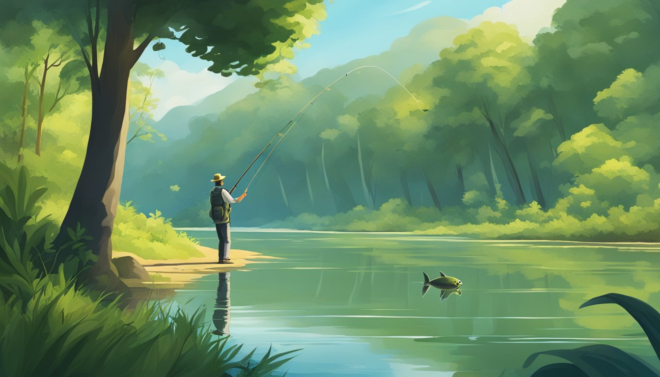 A serene riverbank with a fishing guide holding a rod, surrounded by lush greenery and calm waters, with fish jumping in the distance