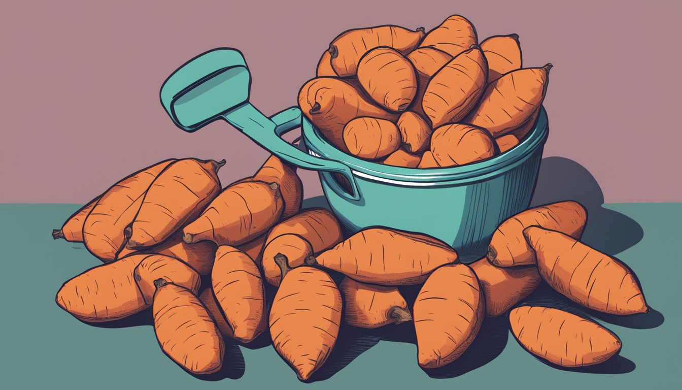 A pile of sweet potatoes with a measuring cup next to it, indicating portion control