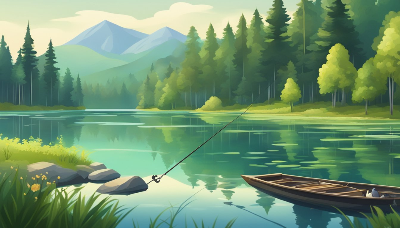 A serene lake surrounded by lush green forests, with a fishing rod and a variety of fish swimming in the clear water