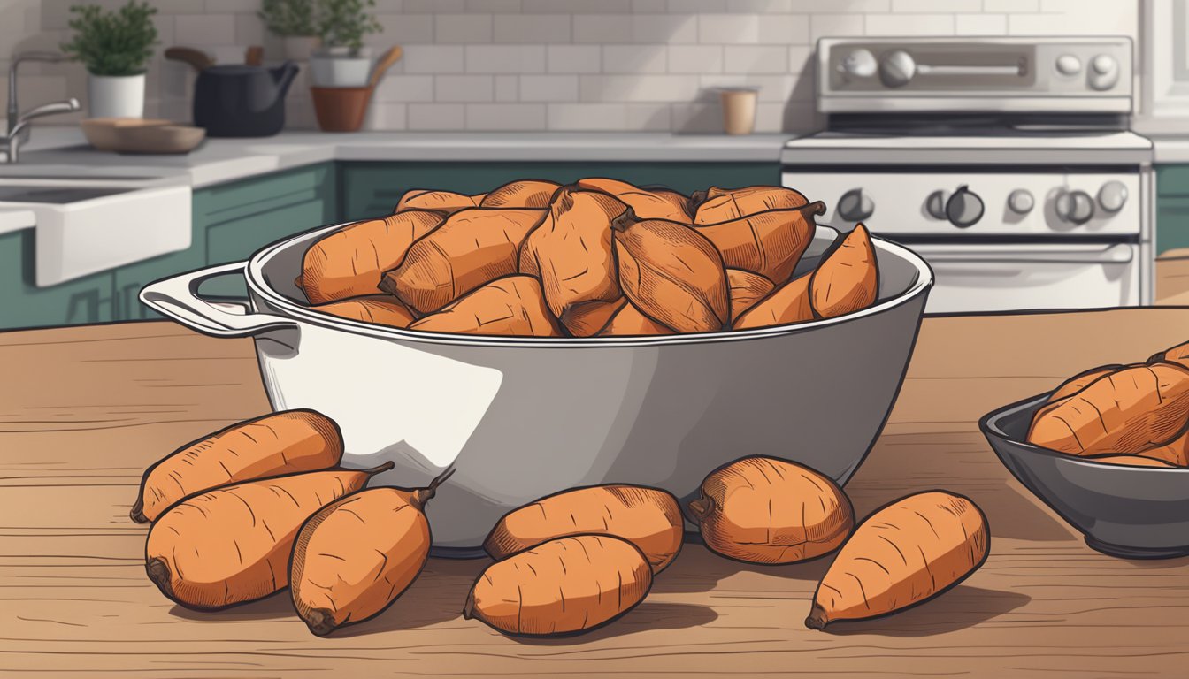 A pile of sweet potatoes sitting on a kitchen counter, with a measuring cup next to it, indicating portion control