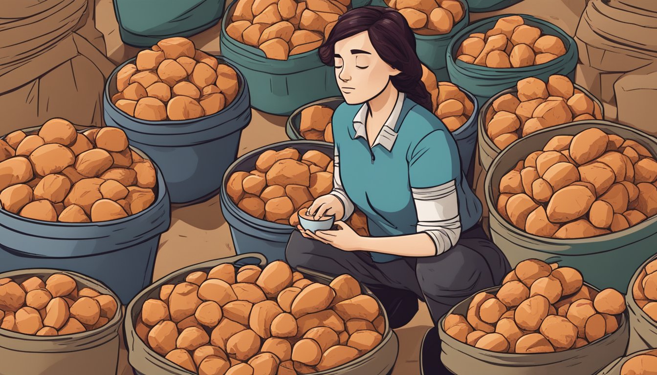 A person surrounded by piles of sweet potatoes, with a measuring cup in hand, looking puzzled