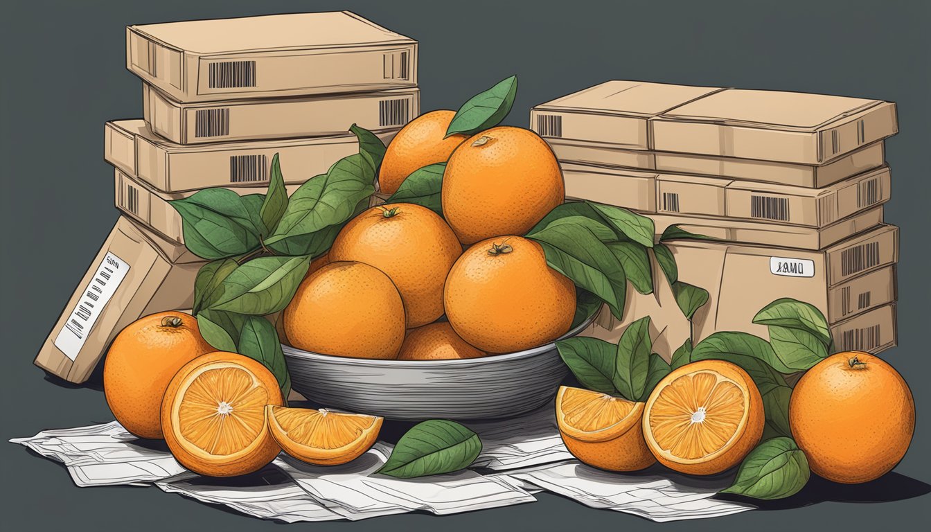 A pile of oranges, some whole and some sliced, with a nutrition label next to them