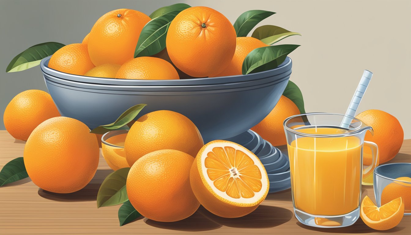 A pile of oranges overflowing from a fruit bowl, with a glass of orange juice and a measuring cup nearby