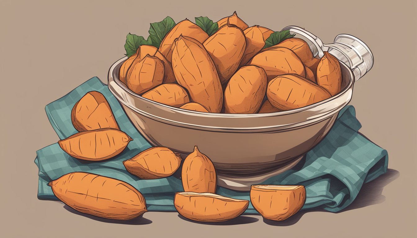 A pile of sweet potatoes with a measuring cup next to it, indicating portion sizes