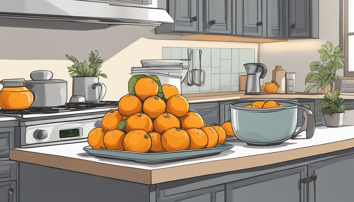 A pile of oranges stacked on a kitchen counter, with a measuring cup next to them indicating the recommended daily intake