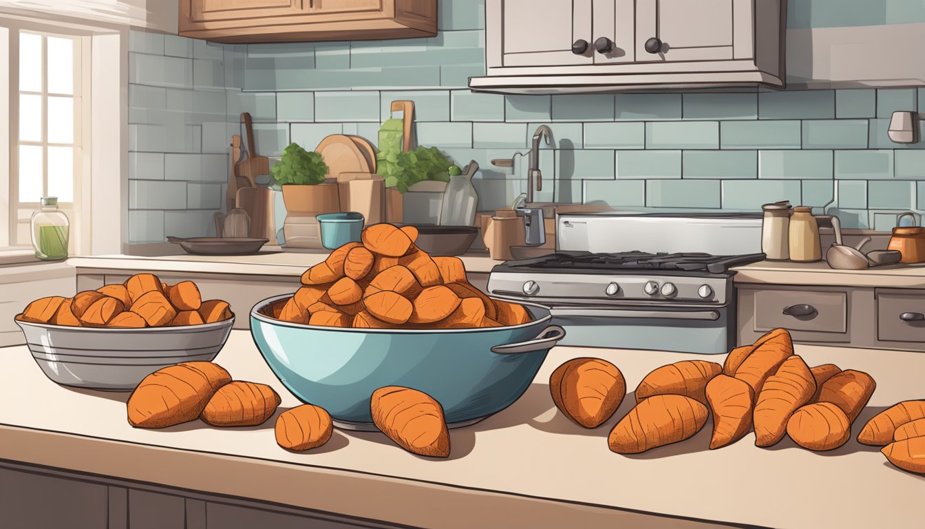 A pile of sweet potatoes stacked on a kitchen counter, with a measuring cup next to it, indicating portion size