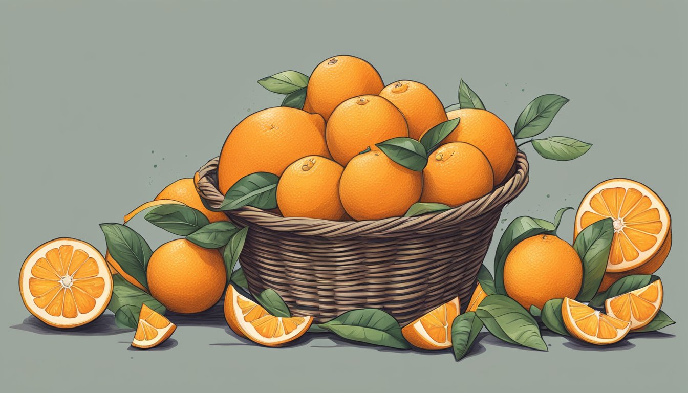 A pile of oranges spilling out of a basket, with a measuring tape wrapped around them to indicate portion control