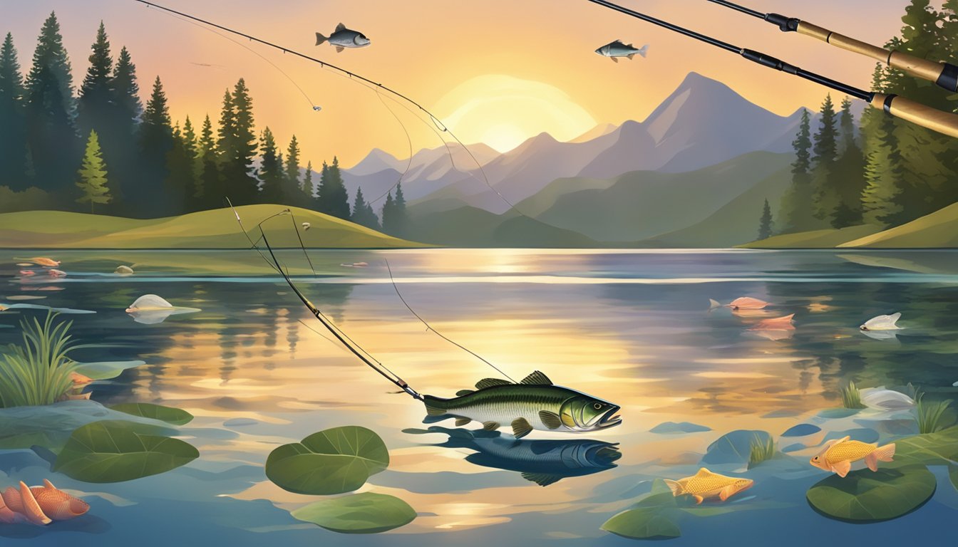 A serene lake at sunset, a fishing rod with bait, and a variety of fish swimming beneath the surface, including bass, catfish, and trout