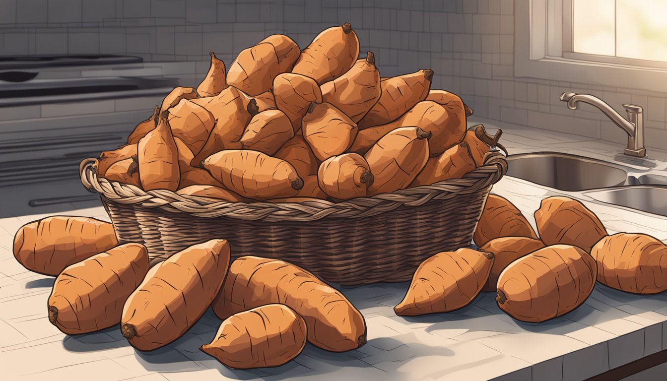 A pile of sweet potatoes overflowing from a basket, spilling onto a kitchen counter